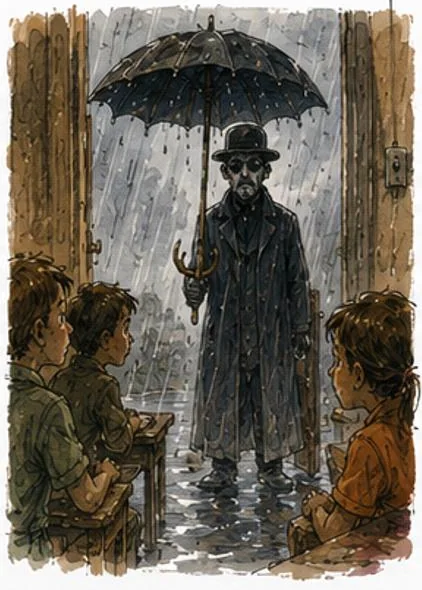 A tall figure in a long dark coat and hat stands motionless in the pouring rain beneath a black antler-handled umbrella, watched from the schoolhouse windows.