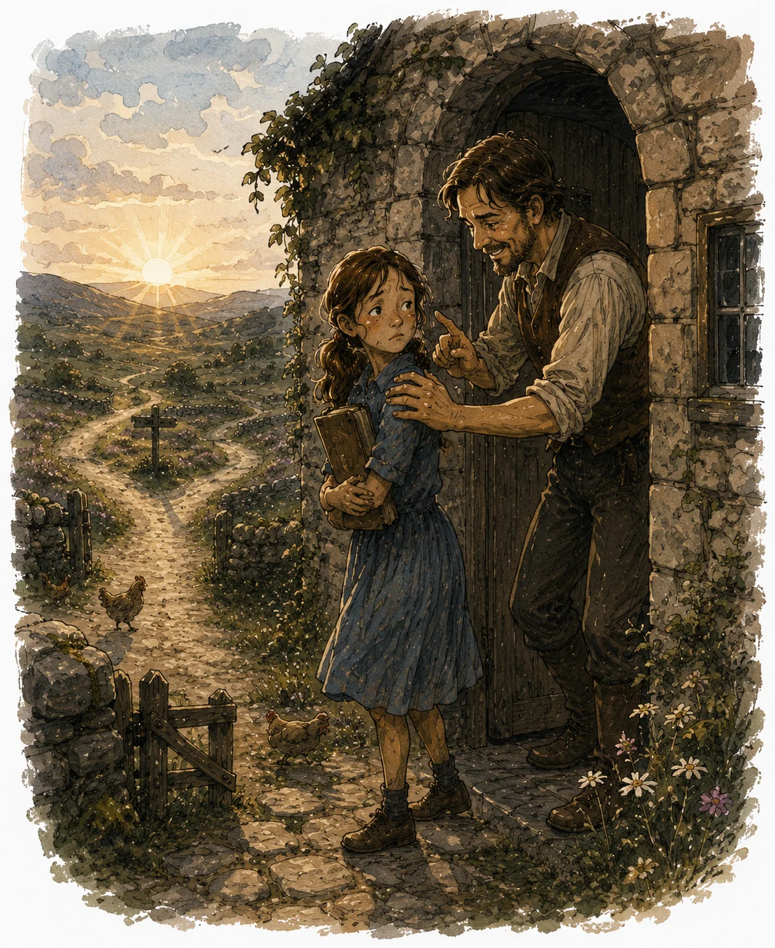 At dawn, a father in the doorway of a stone cottage sets his hand on his daughter’s shoulder; behind her, a lane runs down toward a signposted fork in the road.