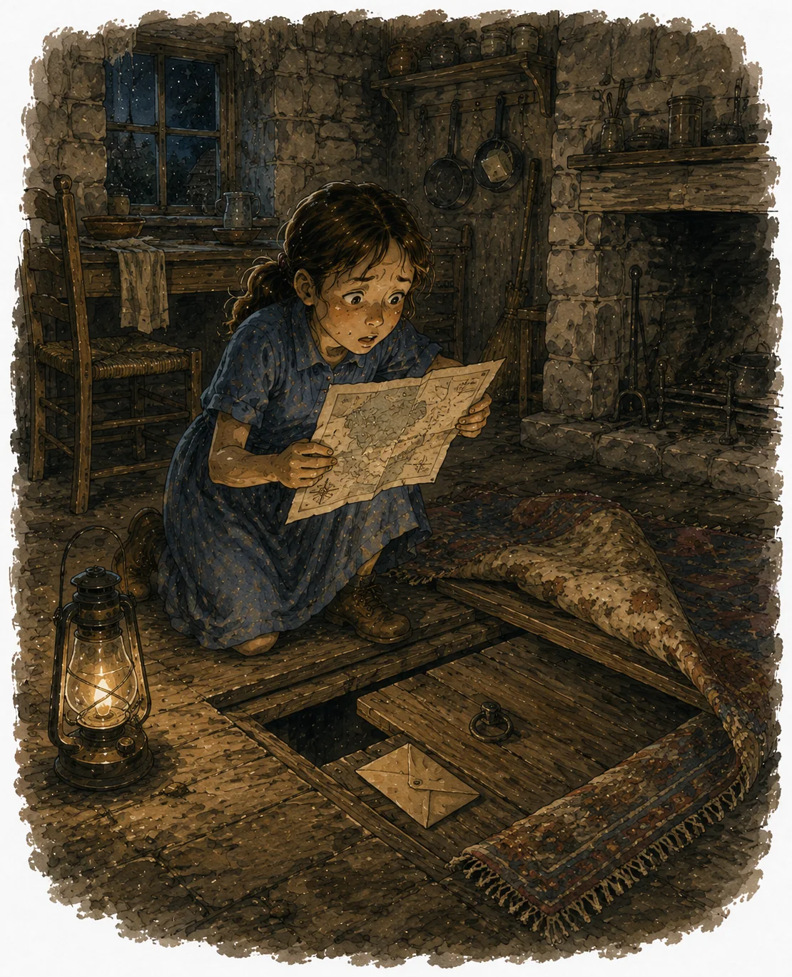 A girl kneels in a dark cellar by lamplight, clutching a map, while a trapdoor in the floor lies open beneath her—a desperate message folded inside it.