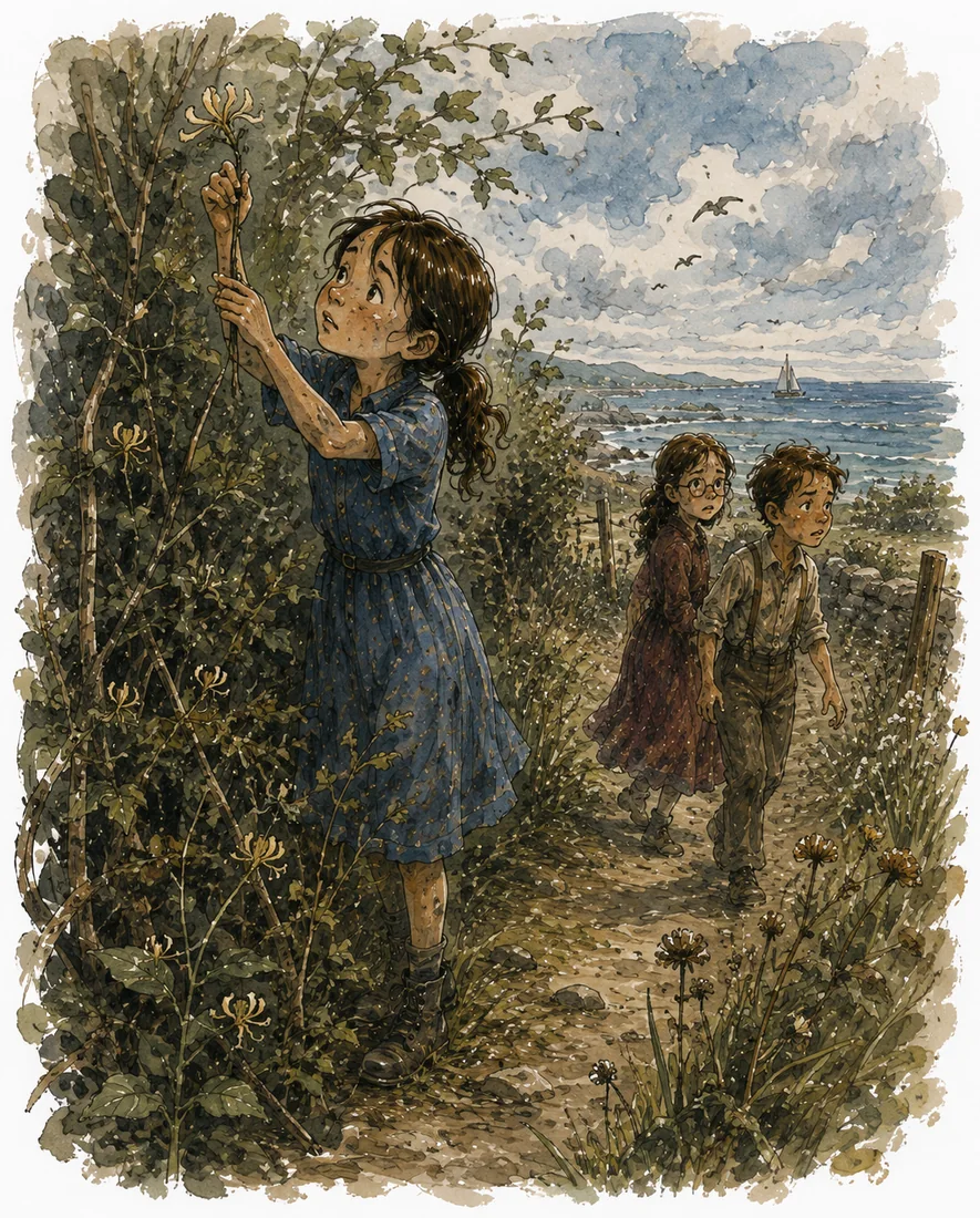 A girl in a blue dress reaches up to pick a honeysuckle bloom from a wild hedge while two other children wait on a coastal path, a sailboat on the sea behind them.