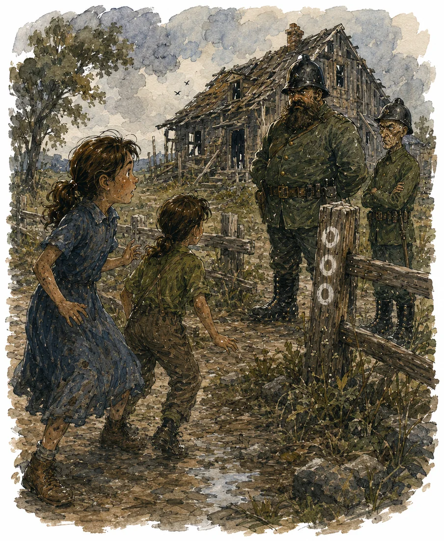 Two children freeze at a wooden fence marked with three painted O’s as two uniformed officers glare down at them in front of a derelict house.