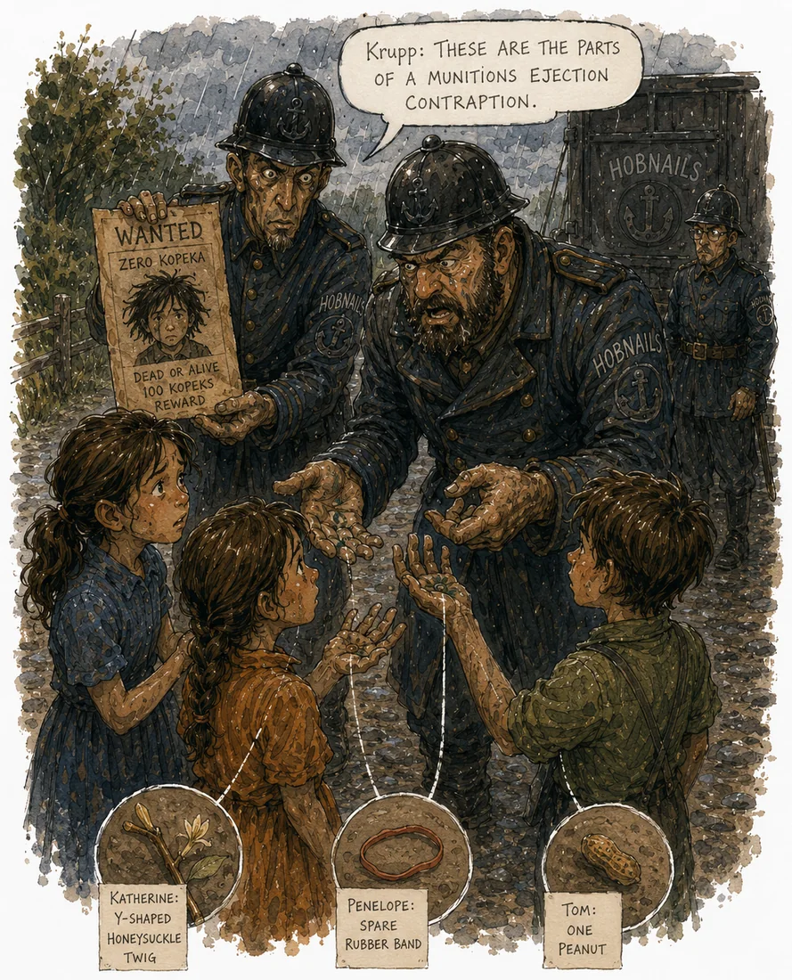 A huge Hobnail officer inspects the contents of three children’s pockets — a Y-shaped honeysuckle twig, a spare rubber band, and one peanut — while another holds up a WANTED poster.