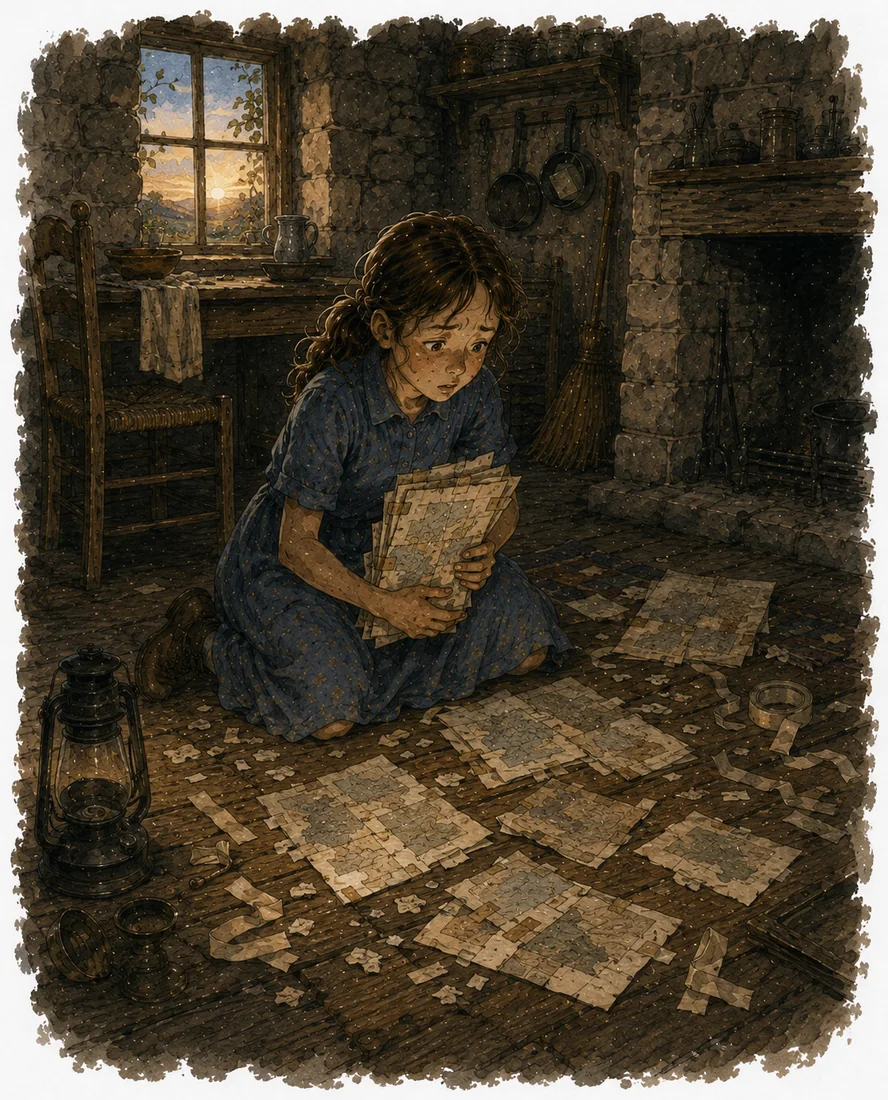 Katherine kneels on a stone floor surrounded by spread maps and documents, examining them by lantern light while the trapdoor lies open behind her.